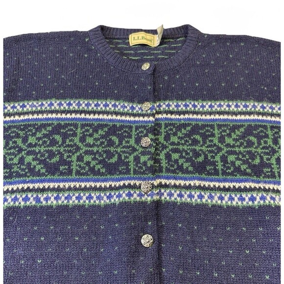 Vintage L.L.Bean Shetland Wool Cardigan XL Navy Fair Isle Button Front Hong Kong - Picture 4 of 5